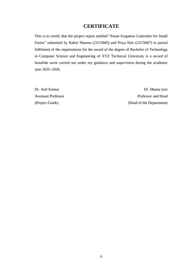 Certificate page of the built project report